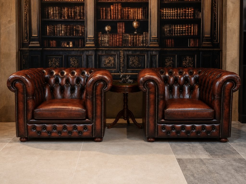 Twee Engelse Chesterfield Club Fauteuils ~ Oxblood Leder